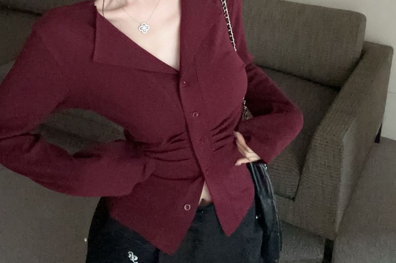 Long Button V-Neck Top Ruched Plain Sleeve