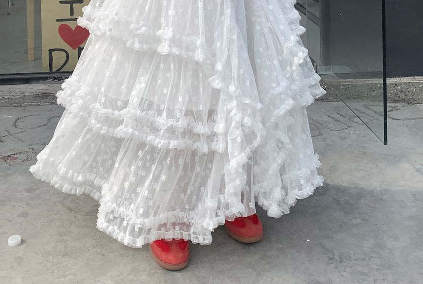 Skirt Maxi Rise Ruffle High Floral Asymmetrical A-Line