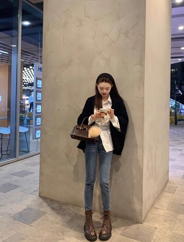 Short Faux Plain Leather Boots Platform Lace-Up