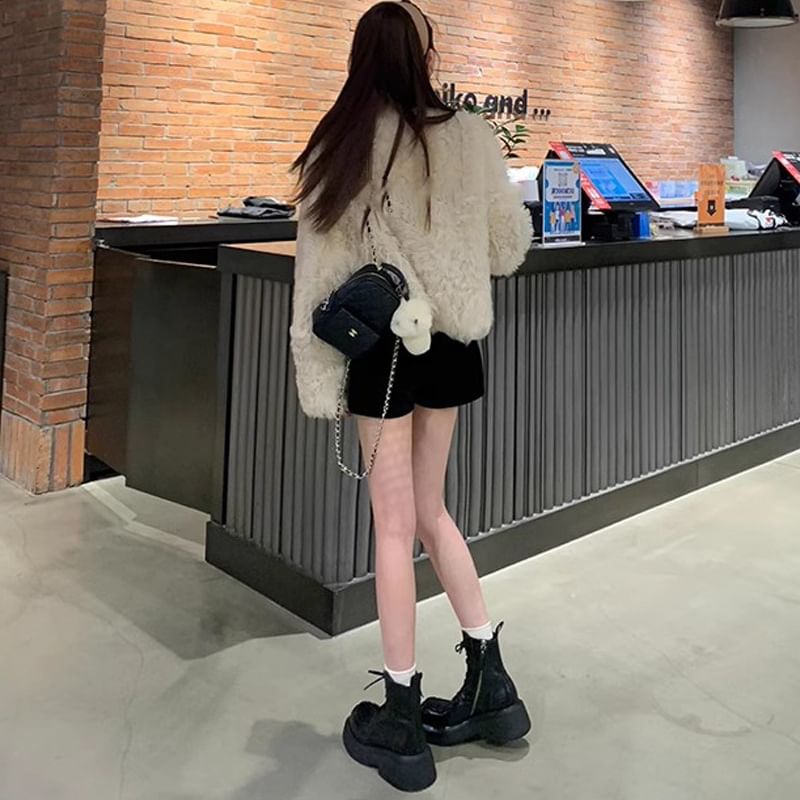 Short Faux Plain Leather Boots Platform Lace-Up