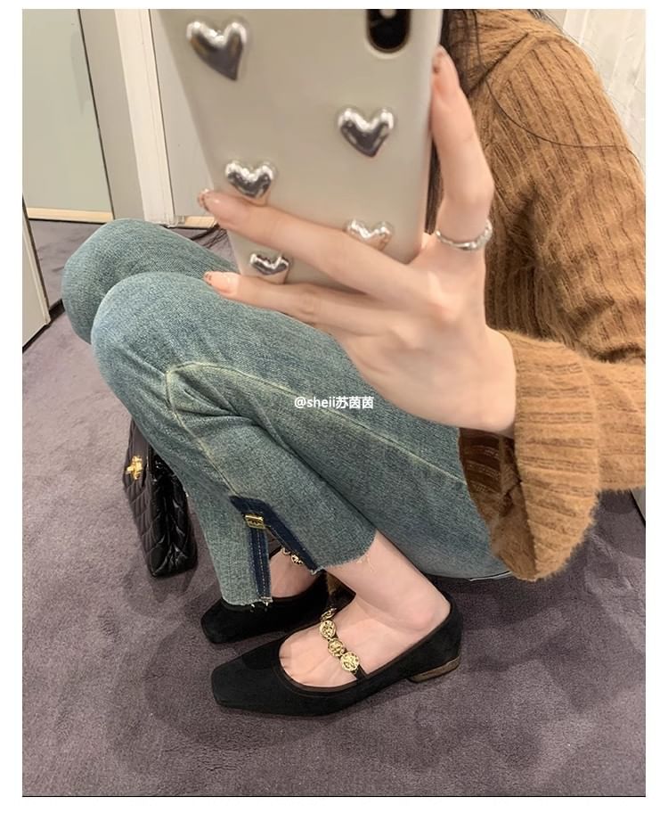 Heel Accent Plain Metal Low Pumps Mary Jane