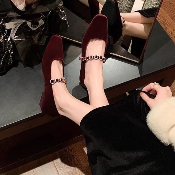 Jane Velvet Rhinestone Accent Pumps Low Mary Heel