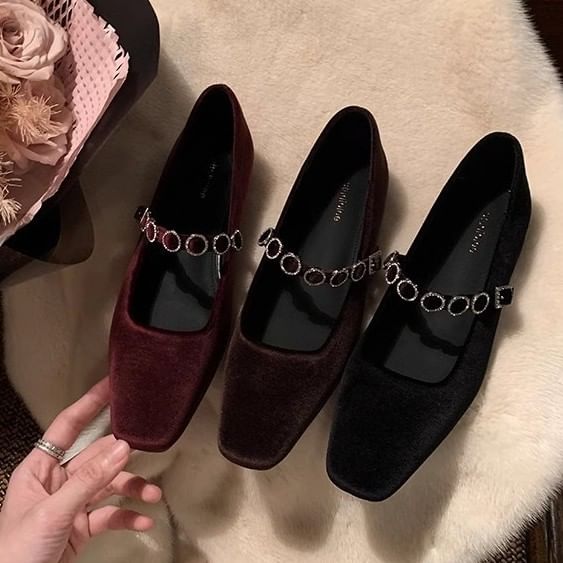 Jane Velvet Rhinestone Accent Pumps Low Mary Heel