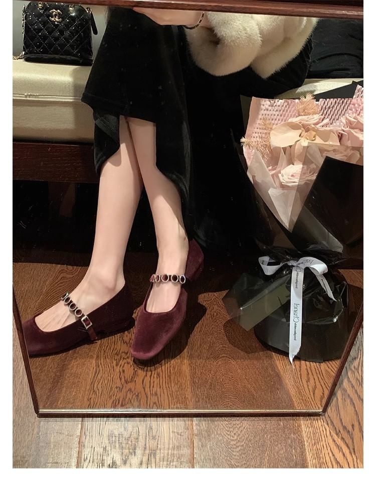 Jane Velvet Rhinestone Accent Pumps Low Mary Heel