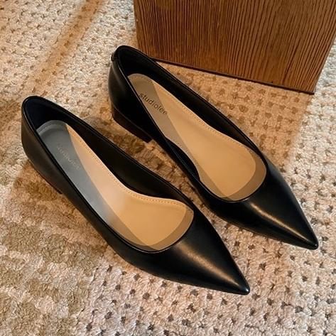Leather Pumps Pointed Heel Toe Plain Faux Chunky