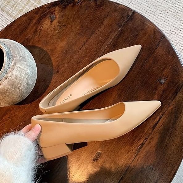 Leather Pumps Pointed Heel Toe Plain Faux Chunky