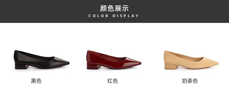 Leather Pumps Pointed Heel Toe Plain Faux Chunky