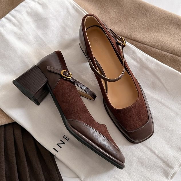 Leather Toe Square Faux Plain Heel Pumps Mary Jane Panel Chunky