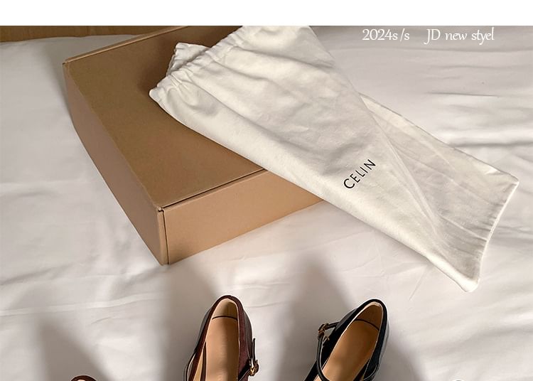 Leather Toe Square Faux Plain Heel Pumps Mary Jane Panel Chunky