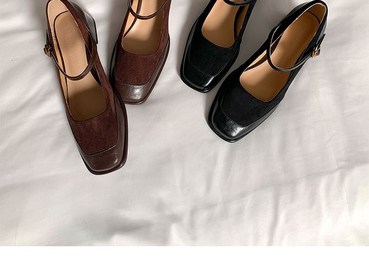 Leather Toe Square Faux Plain Heel Pumps Mary Jane Panel Chunky