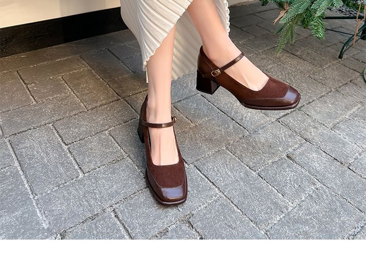 Leather Toe Square Faux Plain Heel Pumps Mary Jane Panel Chunky