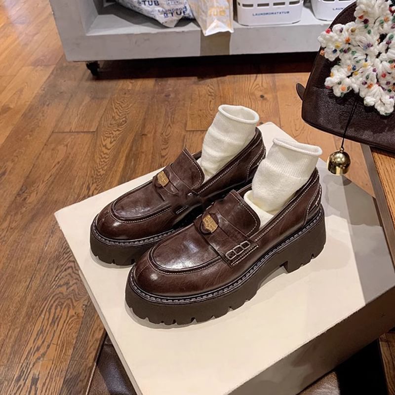 Leather Faux Plain Penny Platform Loafers