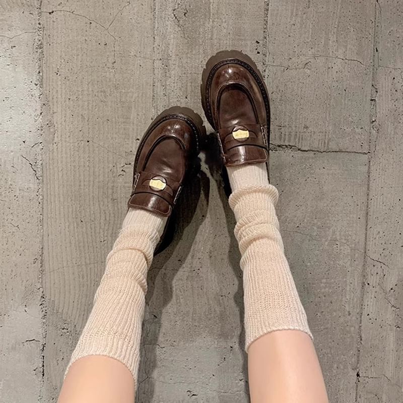 Leather Faux Plain Penny Platform Loafers