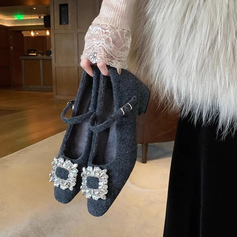 Jane Chunky Mary Pumps Rhinestone Heel Accent