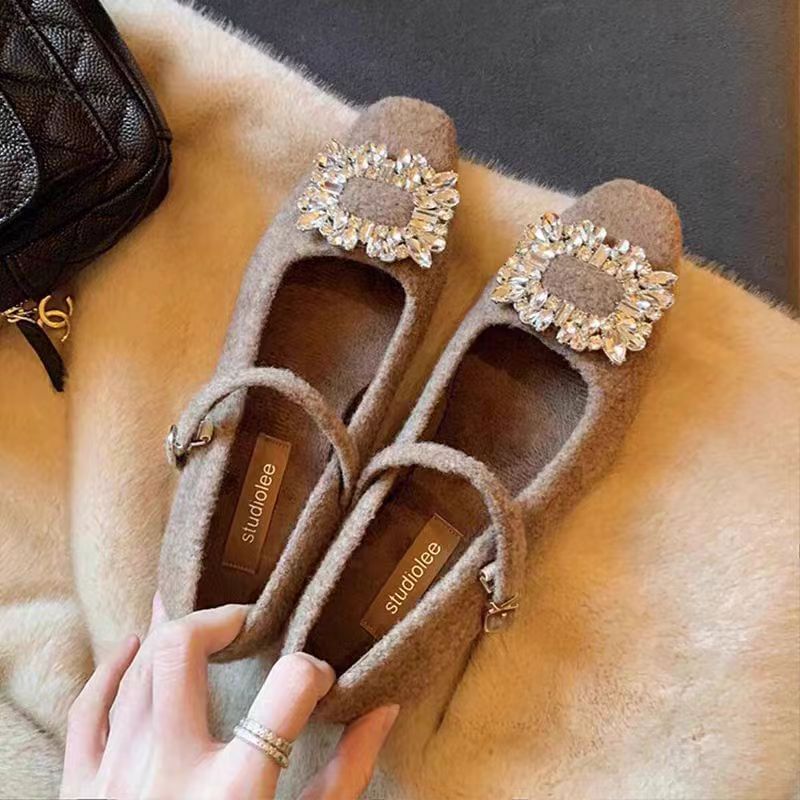 Jane Chunky Mary Pumps Rhinestone Heel Accent