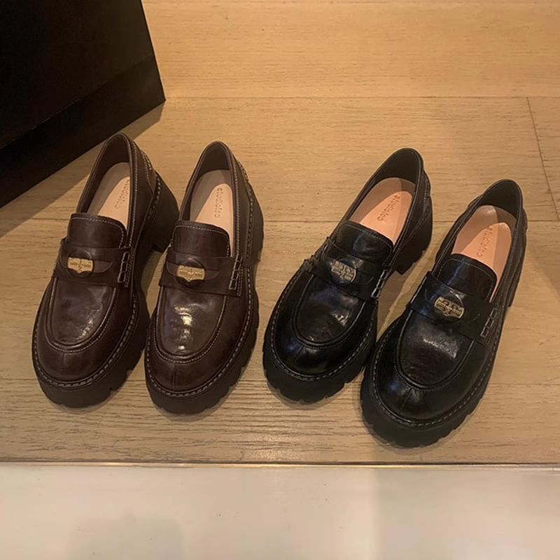 Leather Faux Plain Penny Platform Loafers