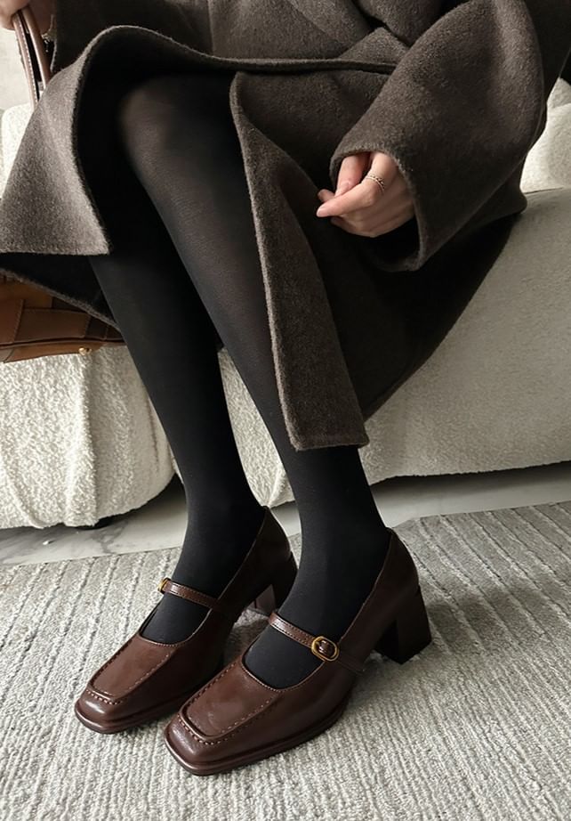 Jane Mary Square Plain Heel Pumps Faux Toe Chunky Leather