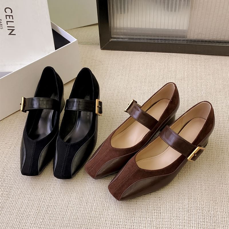 Mary Panel Heel Pumps Plain Jane Leather Chunky Buckled Faux
