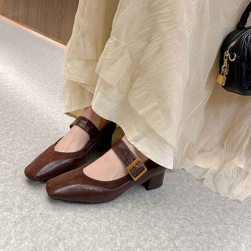 Mary Panel Heel Pumps Plain Jane Leather Chunky Buckled Faux