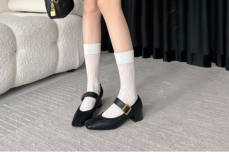 Mary Panel Heel Pumps Plain Jane Leather Chunky Buckled Faux