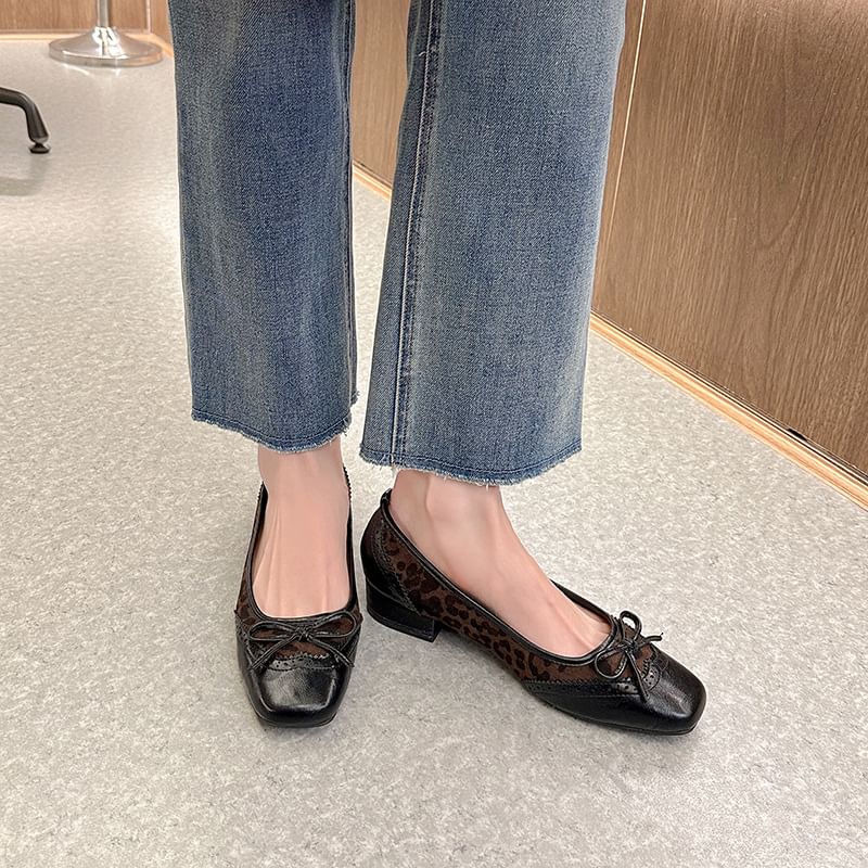 Leather Accent Faux Brogue Leopard Low Bow Panel Print Heel Pumps