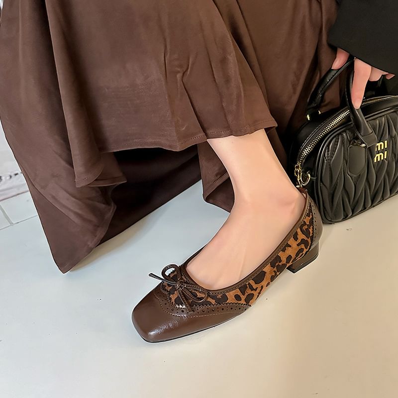 Leather Accent Faux Brogue Leopard Low Bow Panel Print Heel Pumps