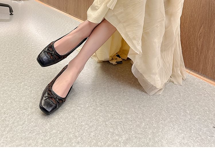 Leather Accent Faux Brogue Leopard Low Bow Panel Print Heel Pumps