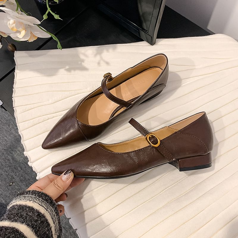 Heel Pointed Pumps Buckled Mary Faux Plain Toe Leather Jane Low