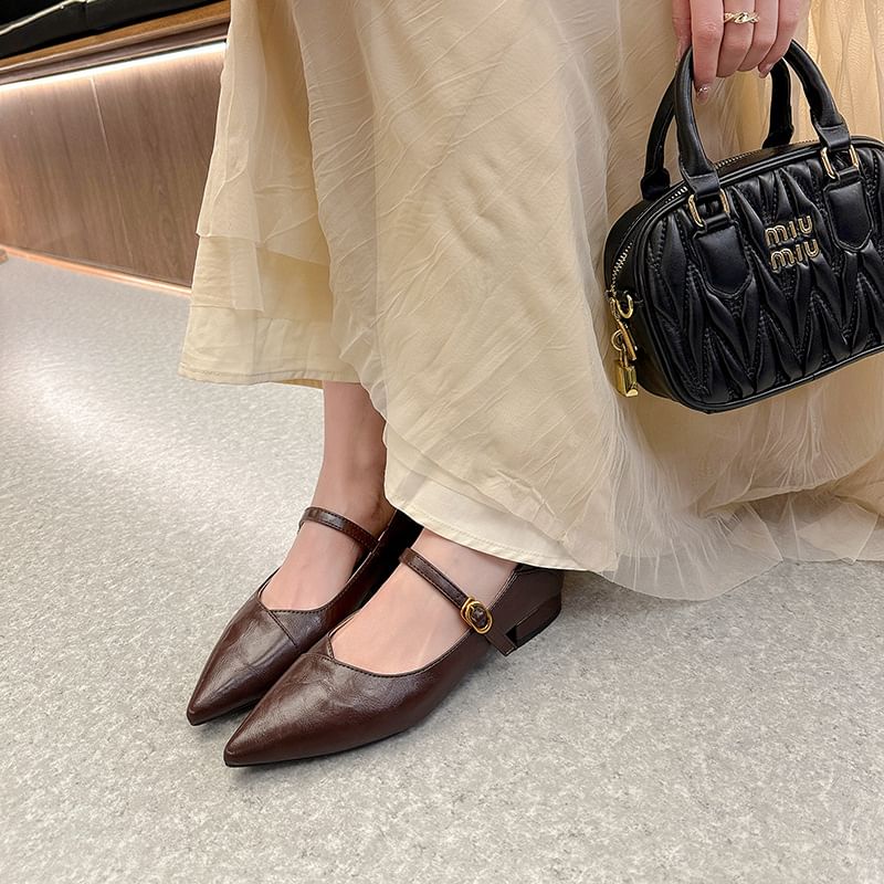 Heel Pointed Pumps Buckled Mary Faux Plain Toe Leather Jane Low