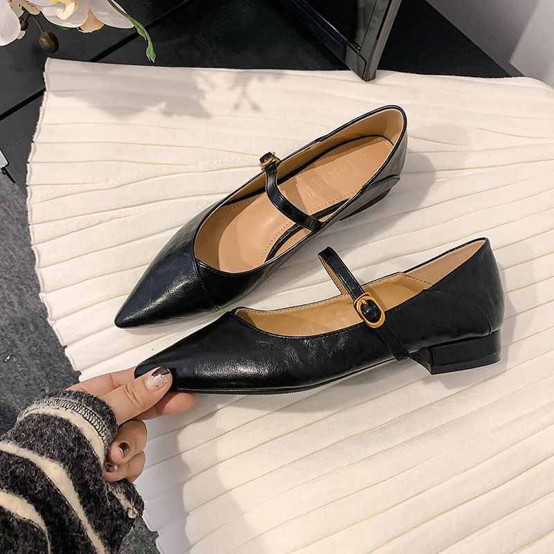 Heel Pointed Pumps Buckled Mary Faux Plain Toe Leather Jane Low