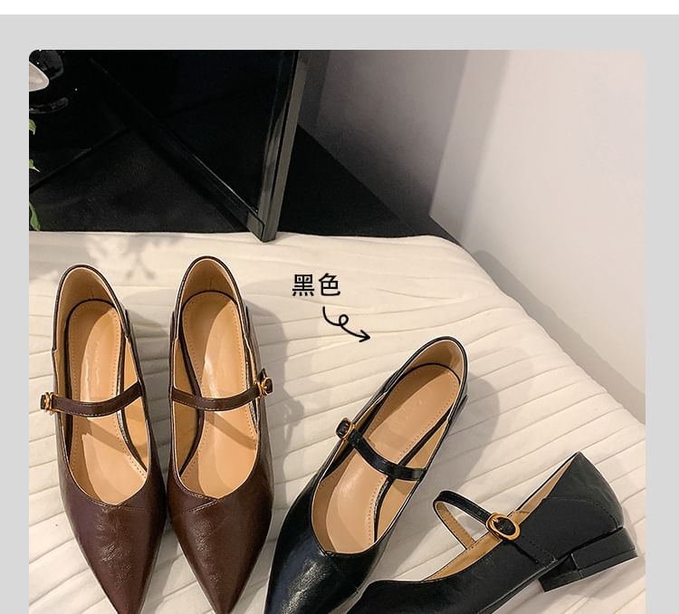 Heel Pointed Pumps Buckled Mary Faux Plain Toe Leather Jane Low