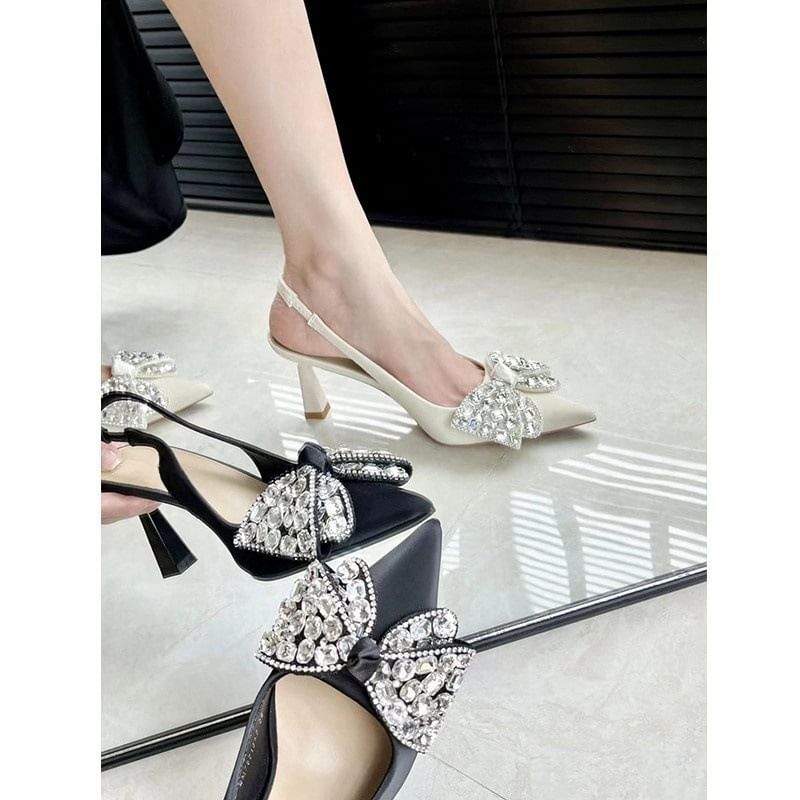 Rhinestone Pumps Toe Pointed Slingback Bow
