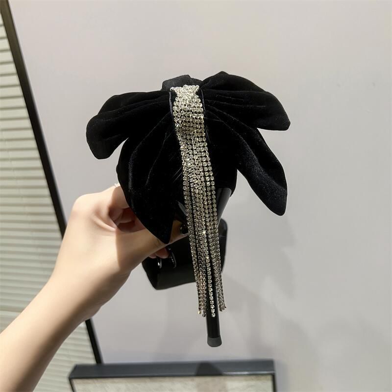 Velvet Toe Pointed Bow Strap Ankle Rhinestone Platform Fringe