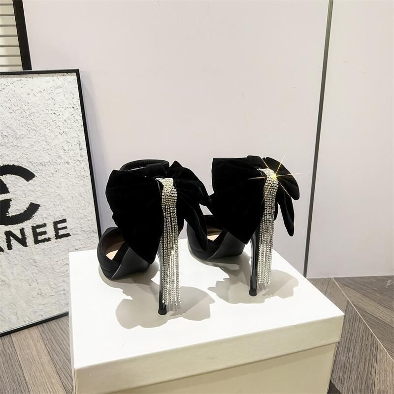 Velvet Toe Pointed Bow Strap Ankle Rhinestone Platform Fringe