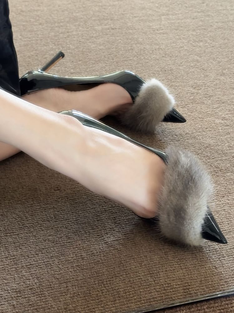 Toe Patent Faux Fur Panel Pointed Leather Pumps Stiletto