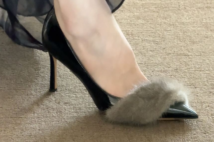 Toe Patent Faux Fur Panel Pointed Leather Pumps Stiletto