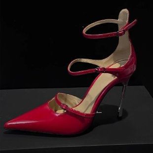 Ankle Strap Leather Stiletto Pointed Pumps Patent Toe