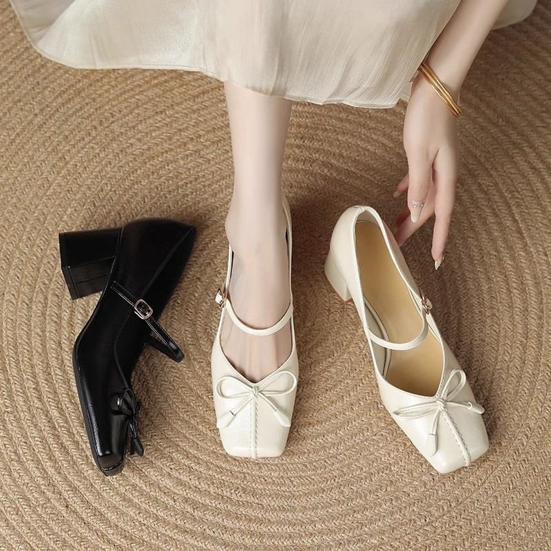 Mary Toe Bow Square Block Pumps Jane Heel