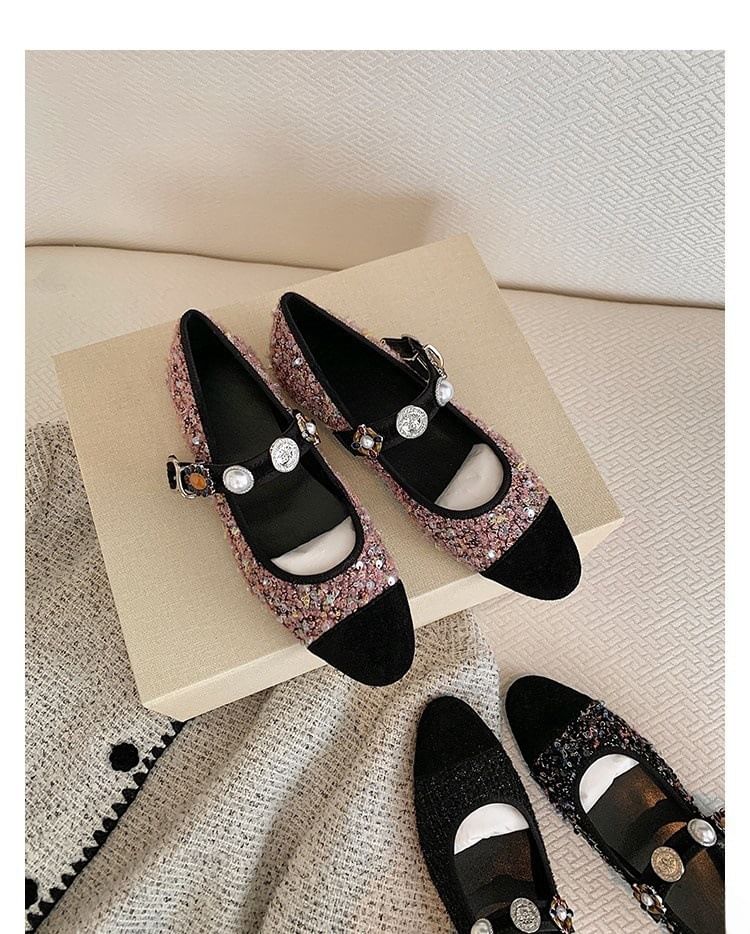 Pearl Toe Flats Faux Cap Mary Tweed Jane
