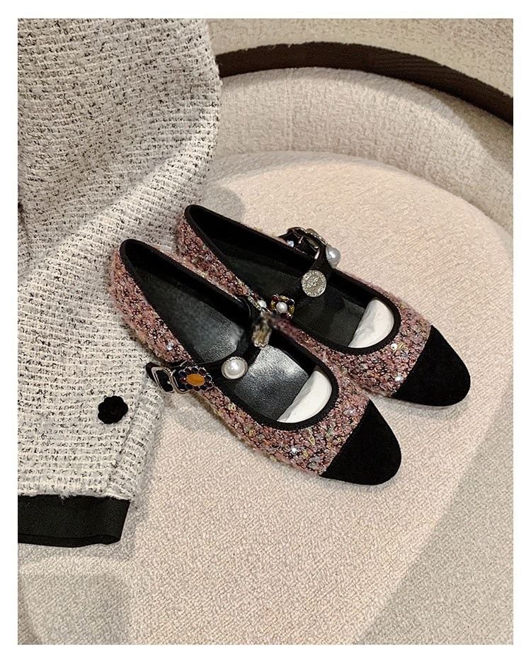 Pearl Toe Flats Faux Cap Mary Tweed Jane
