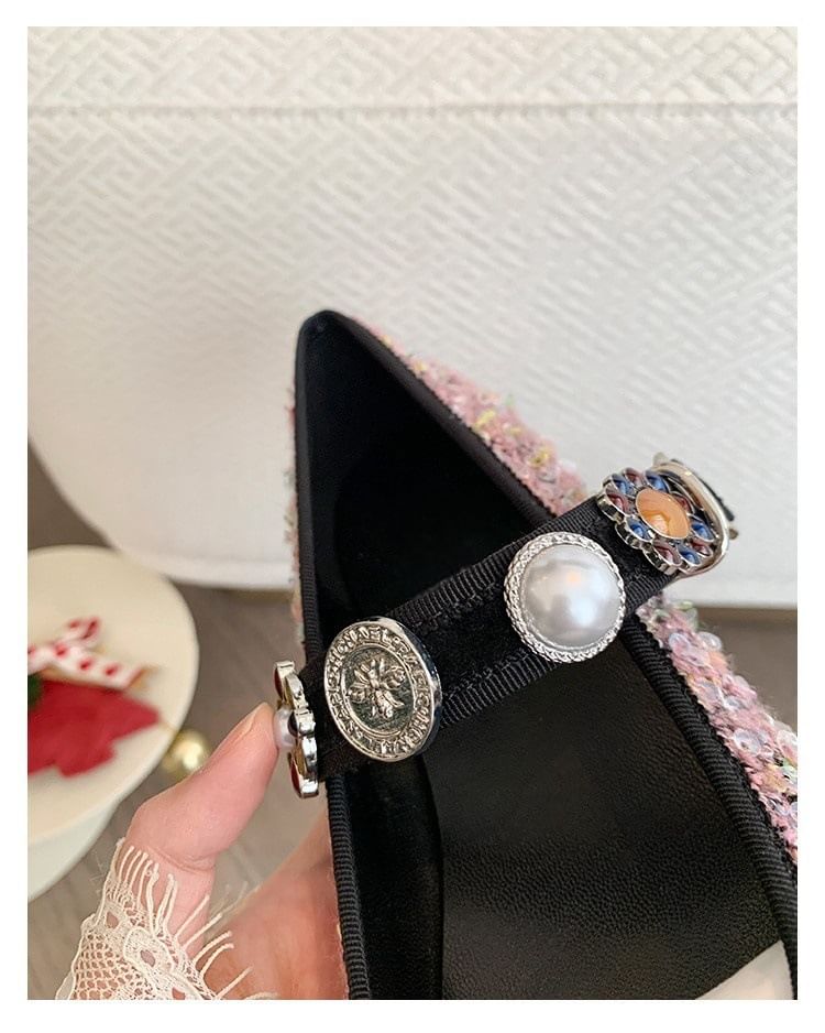 Pearl Toe Flats Faux Cap Mary Tweed Jane