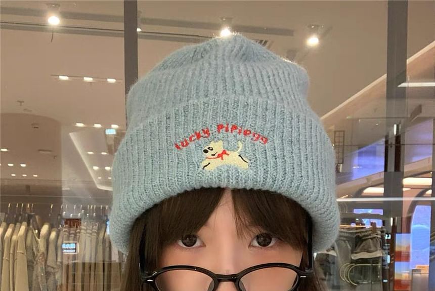 Embroidered Beanie Dog Knit