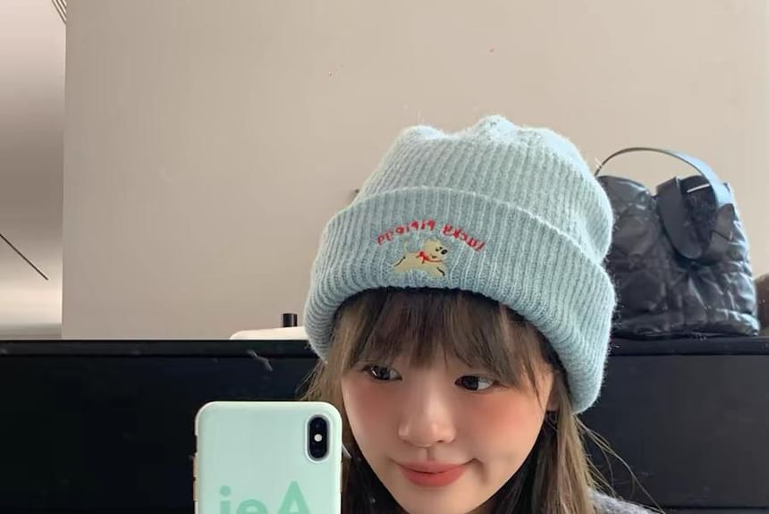 Embroidered Beanie Dog Knit