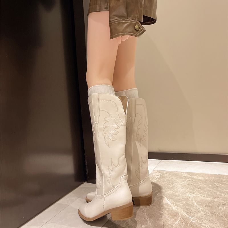 Faux Boots Leather Heel Cowboy Chunky