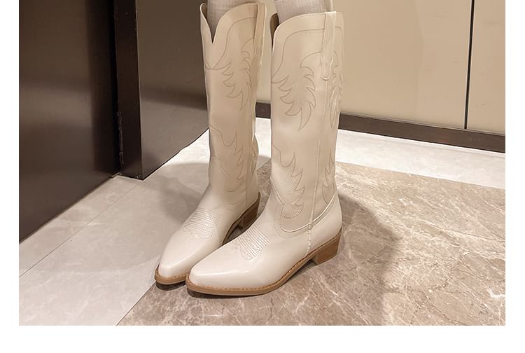 Faux Boots Leather Heel Cowboy Chunky