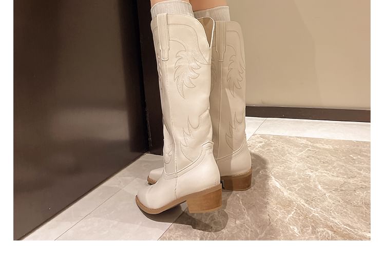 Faux Boots Leather Heel Cowboy Chunky