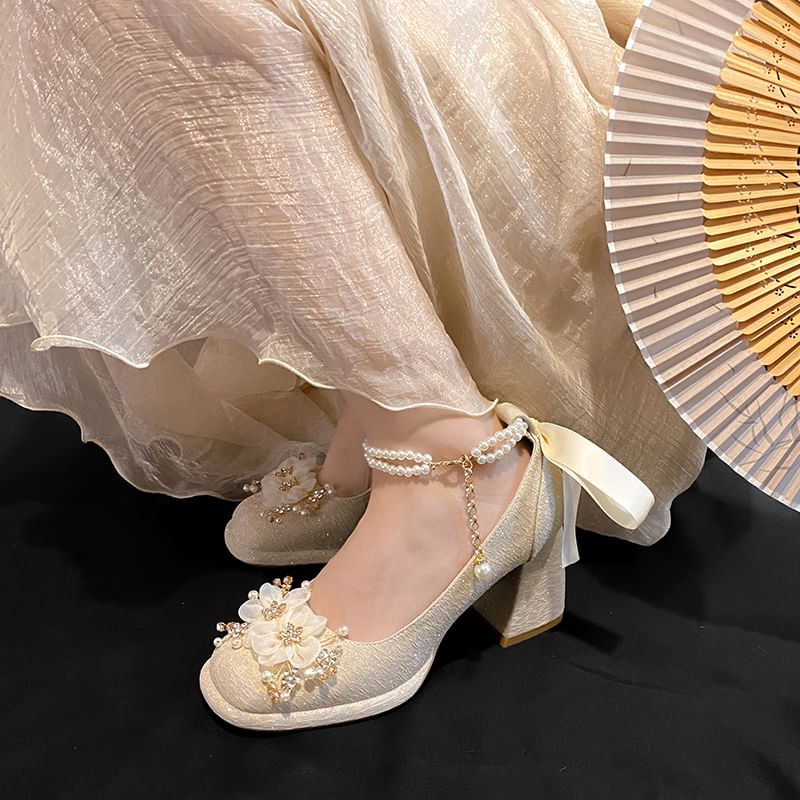 Platform Chunky Floral Shoes Faux Pearl Jane Heel Mary