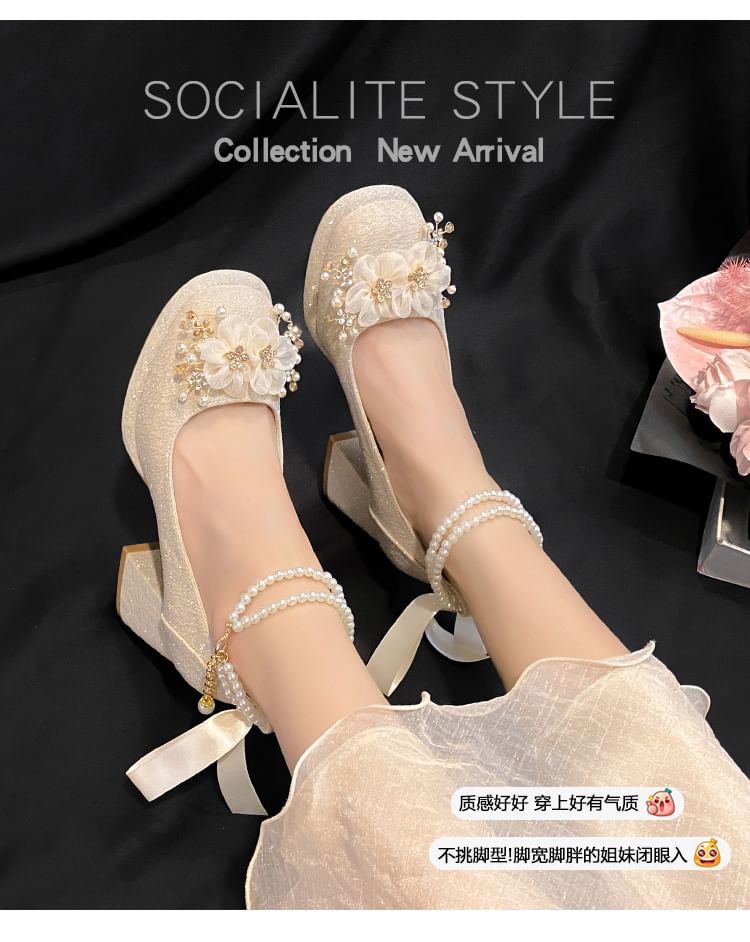 Platform Chunky Floral Shoes Faux Pearl Jane Heel Mary