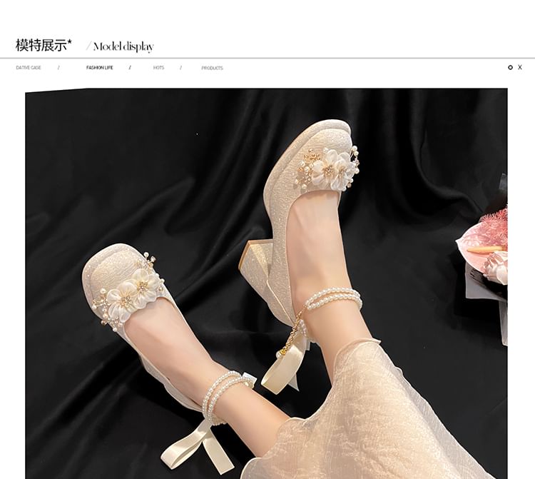 Platform Chunky Floral Shoes Faux Pearl Jane Heel Mary