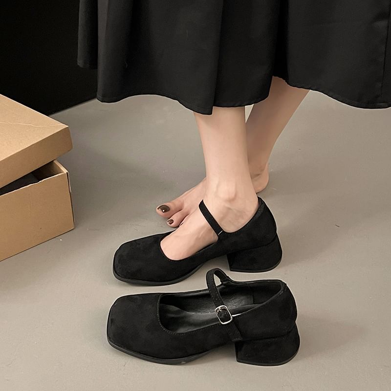 Heel Square-Toe Mary Chunky Jane Shoes